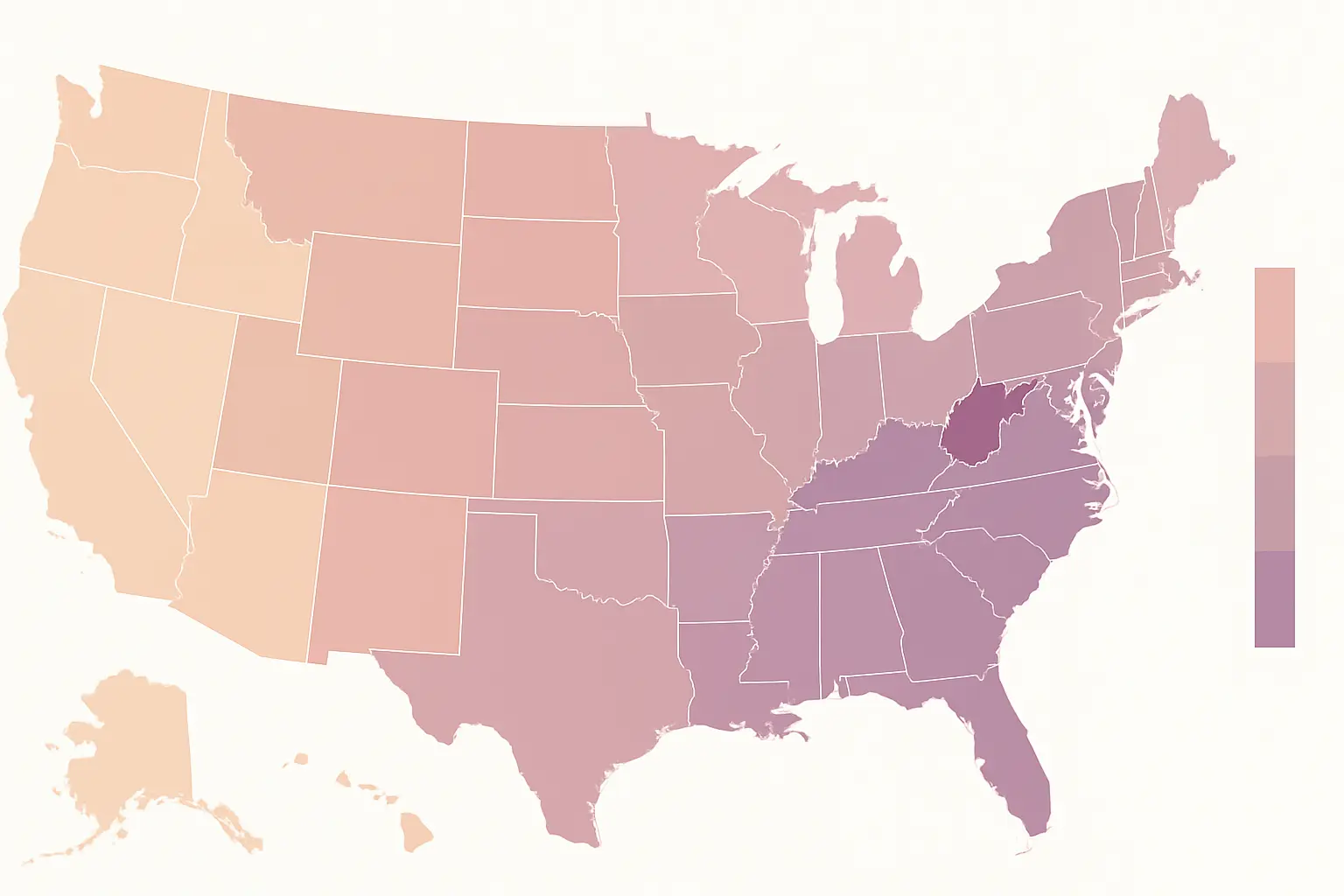 Flat vector choropleth map of the United States shaded by adult smoking prevalence, highlighting the highest and lowest states