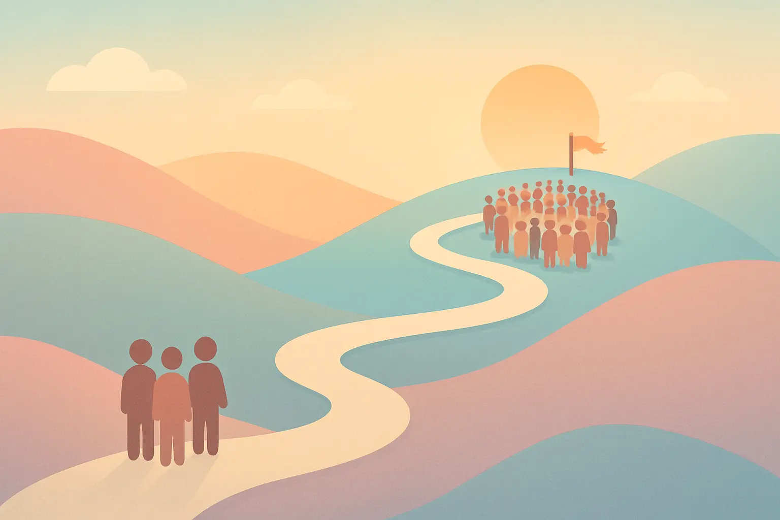 Flat pastel timeline path with a few figures at the start and a large crowd of figures further along past a five-year marker flag, representing that most former smokers quit more than five years ago