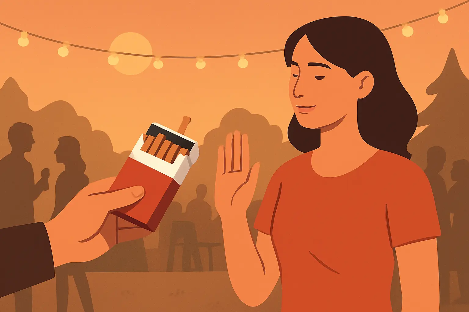 Illustration of a person calmly declining an offered cigarette at a social gathering