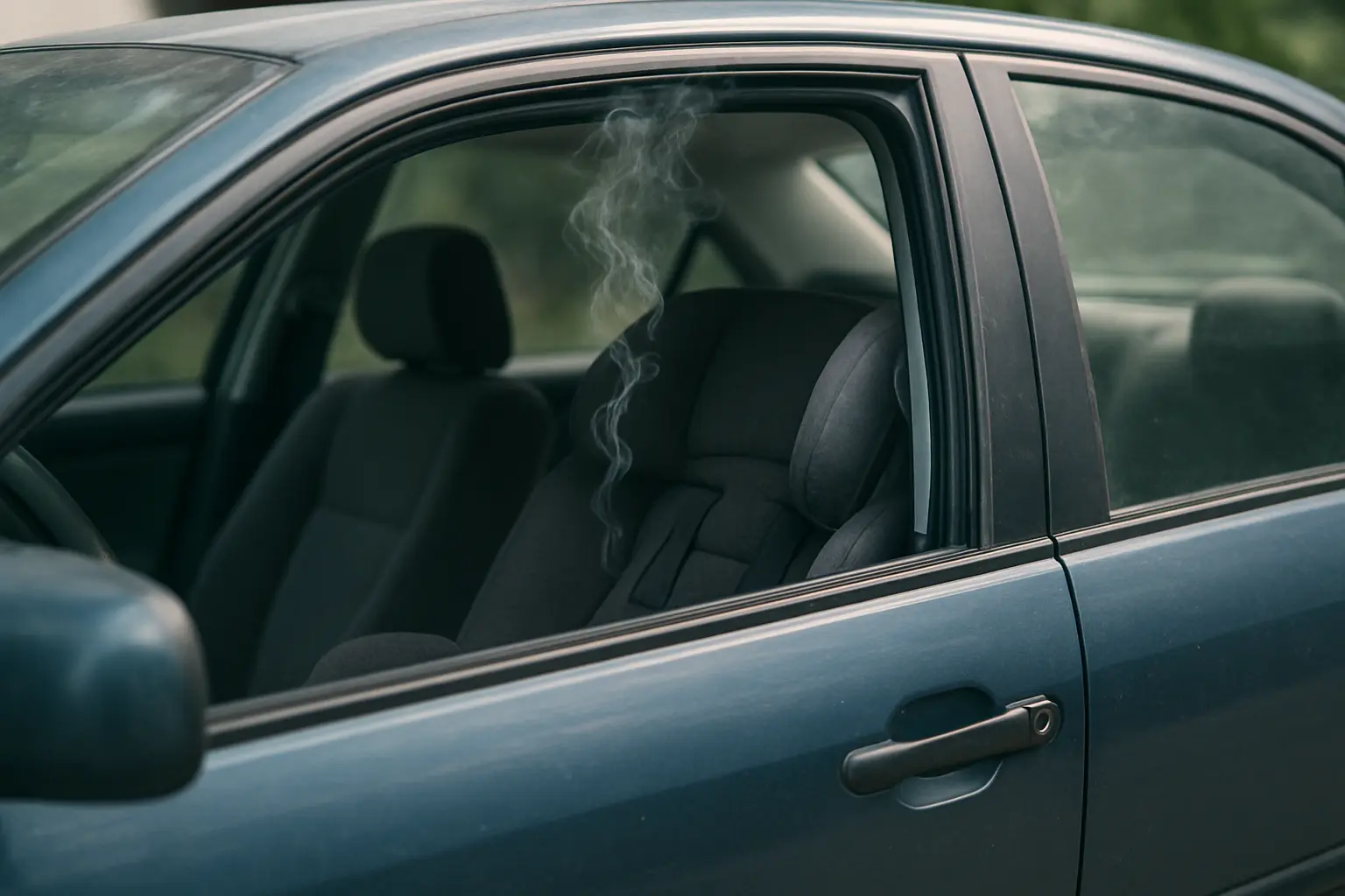 Illustration of smoke residue lingering inside a car near a child's car seat, representing thirdhand smoke