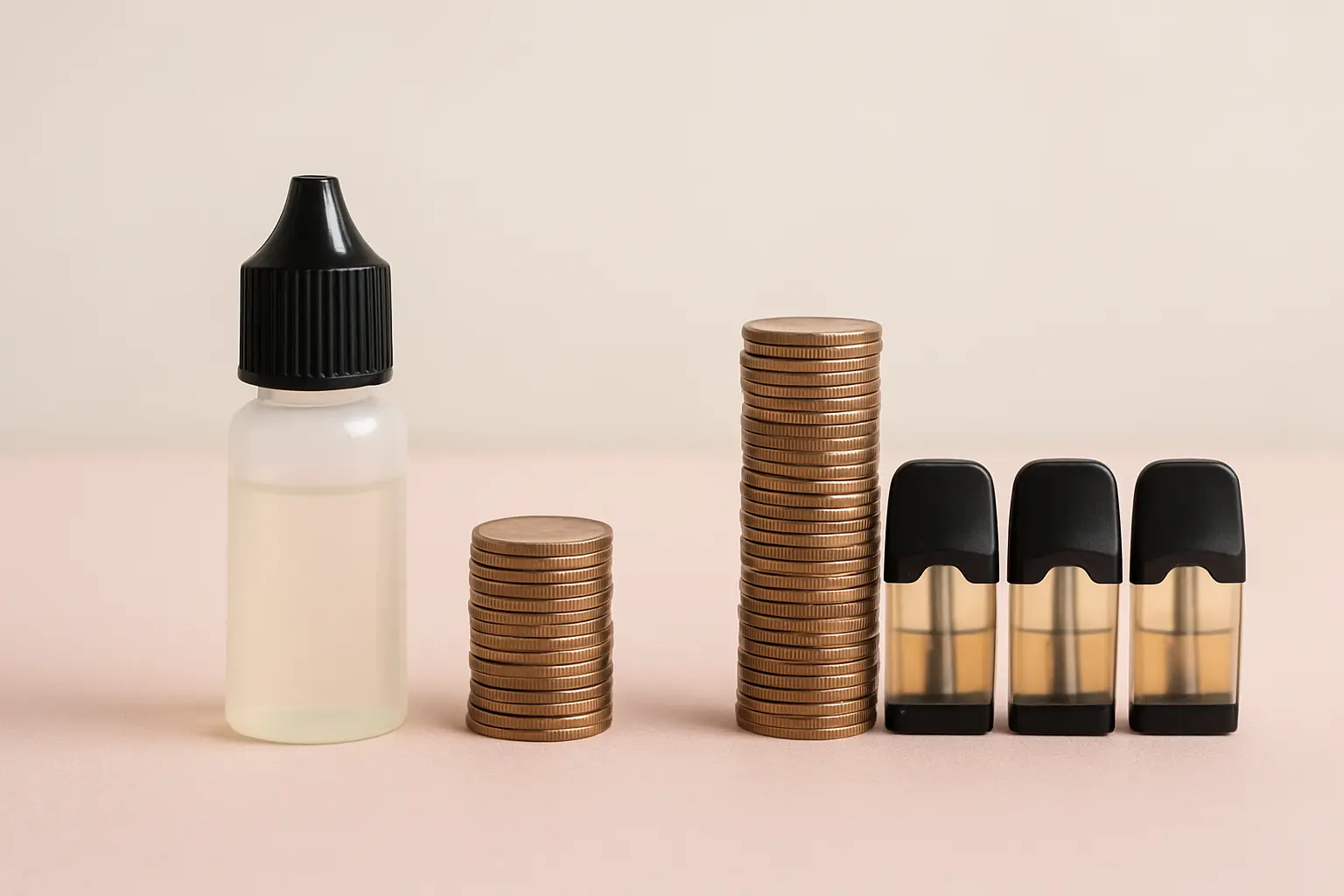 Illustration comparing a small e-liquid bottle and a row of prefilled vape pods with different sized coin stacks, showing refillable vaping costs less than pods
