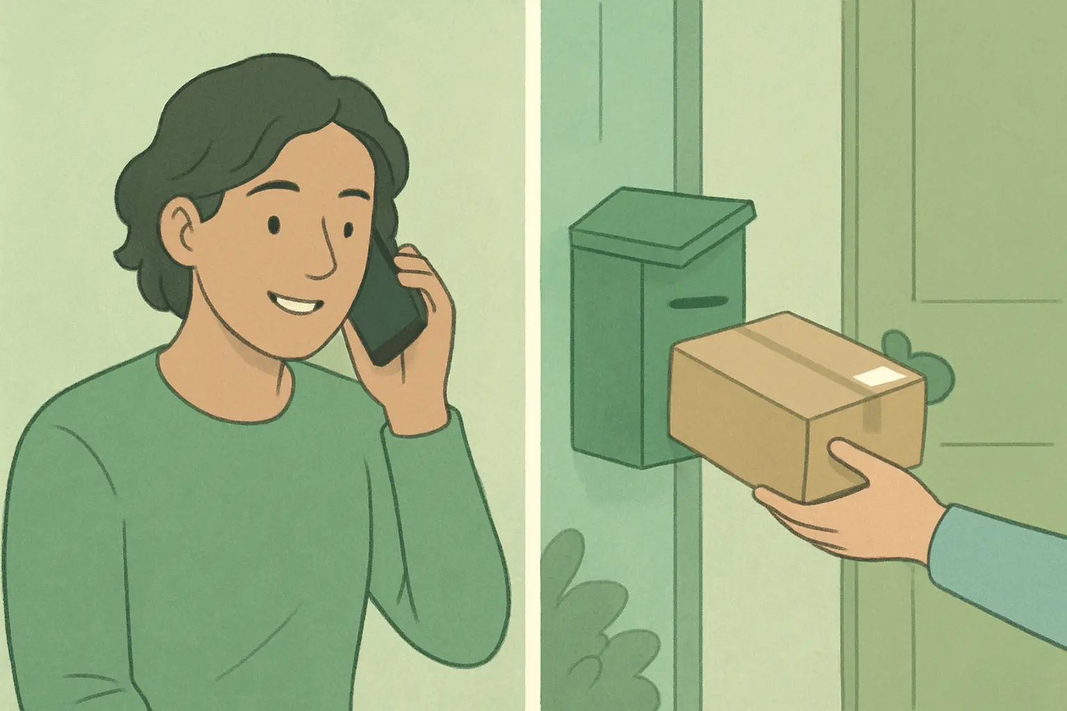 Person calling a quitline coach while a parcel of nicotine patches arrives in their mailbox