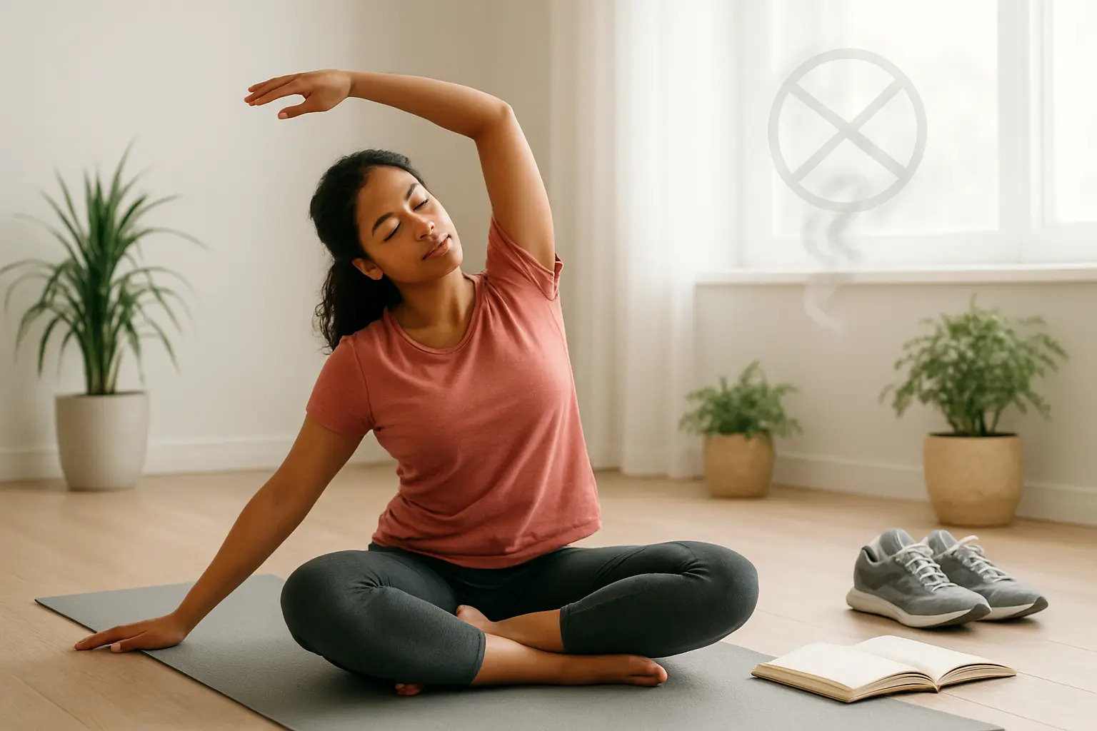 Illustration of a person stretching on a yoga mat beside running shoes and a journal, showing stress-relief hobbies that replace smoking