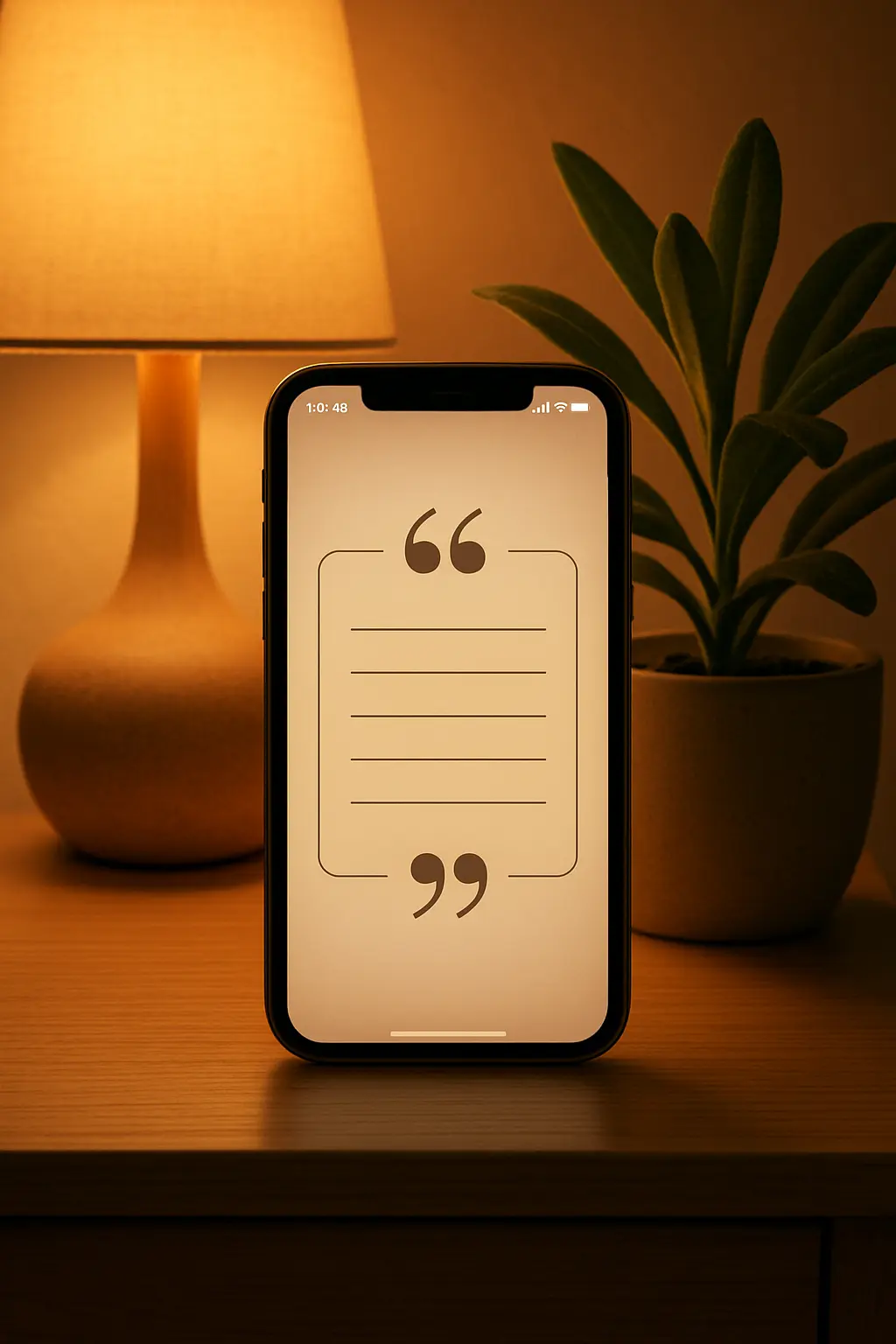 Phone showing a quote card on a nightstand, symbolizing a motivational quote saved as a lock screen