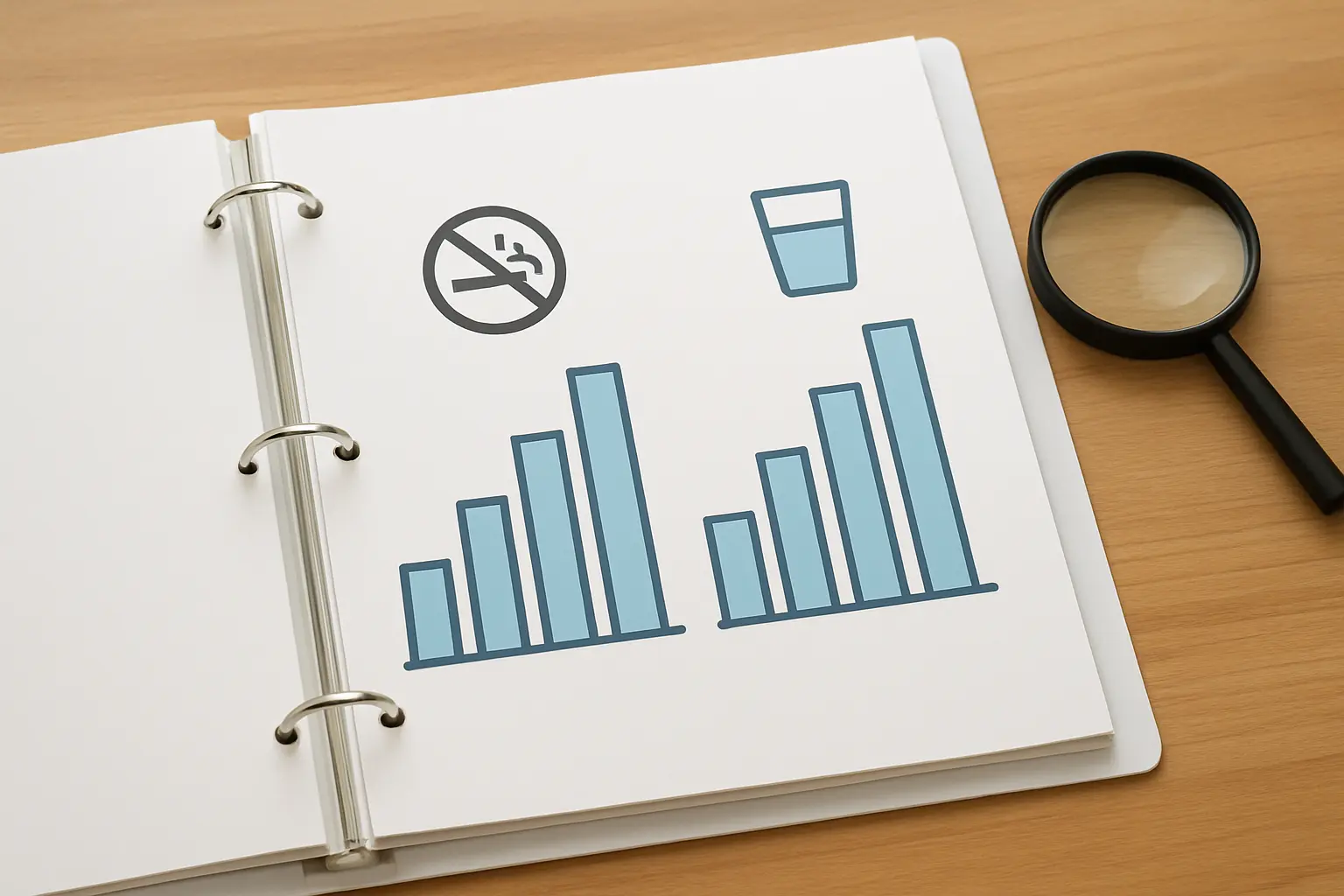 Illustration of two rising bar charts side by side in a research binder, showing evidence that quitting smoking and staying sober can go together in addiction recovery