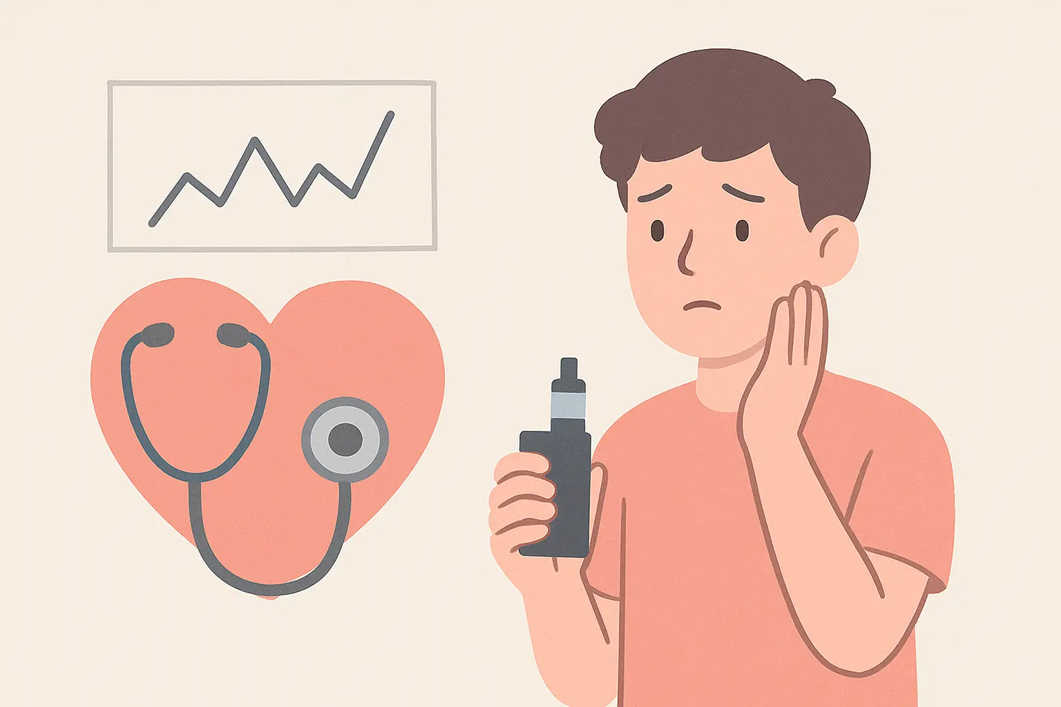 Illustration of heart health research and a teenager considering the risks of vaping