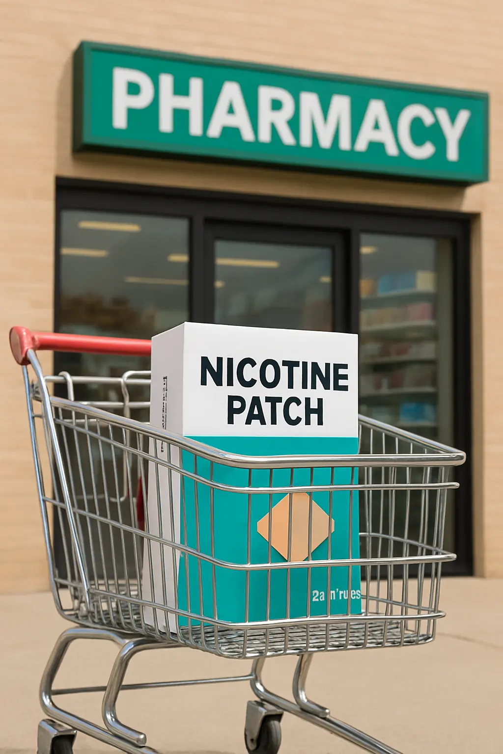 Illustration of a shopping cart holding a nicotine patch box outside a pharmacy, representing comparing prices before buying