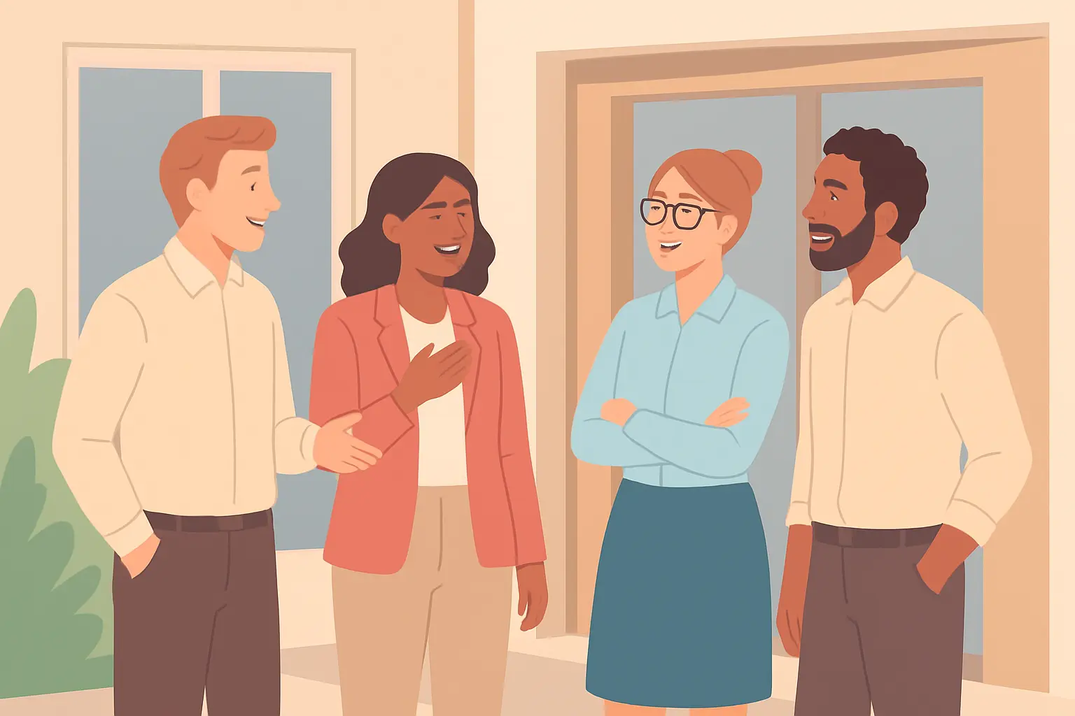 Coworkers chatting outside during a work break without smoking