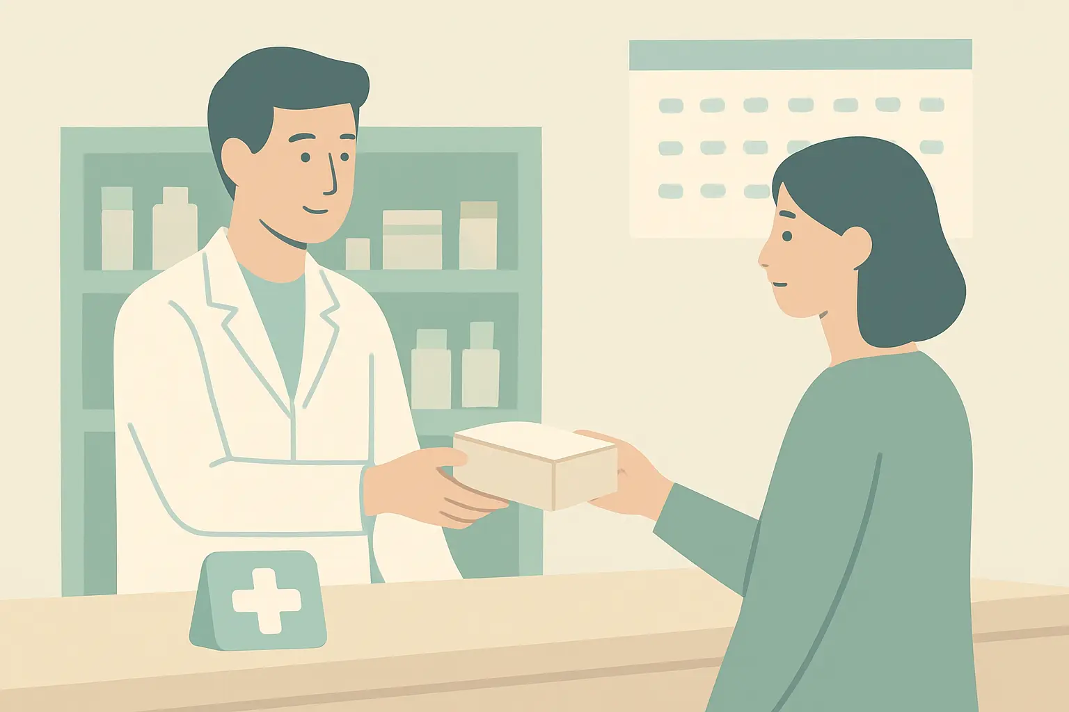 Illustration of a pharmacist handing covered nicotine replacement therapy to a customer, representing publicly funded NRT programs
