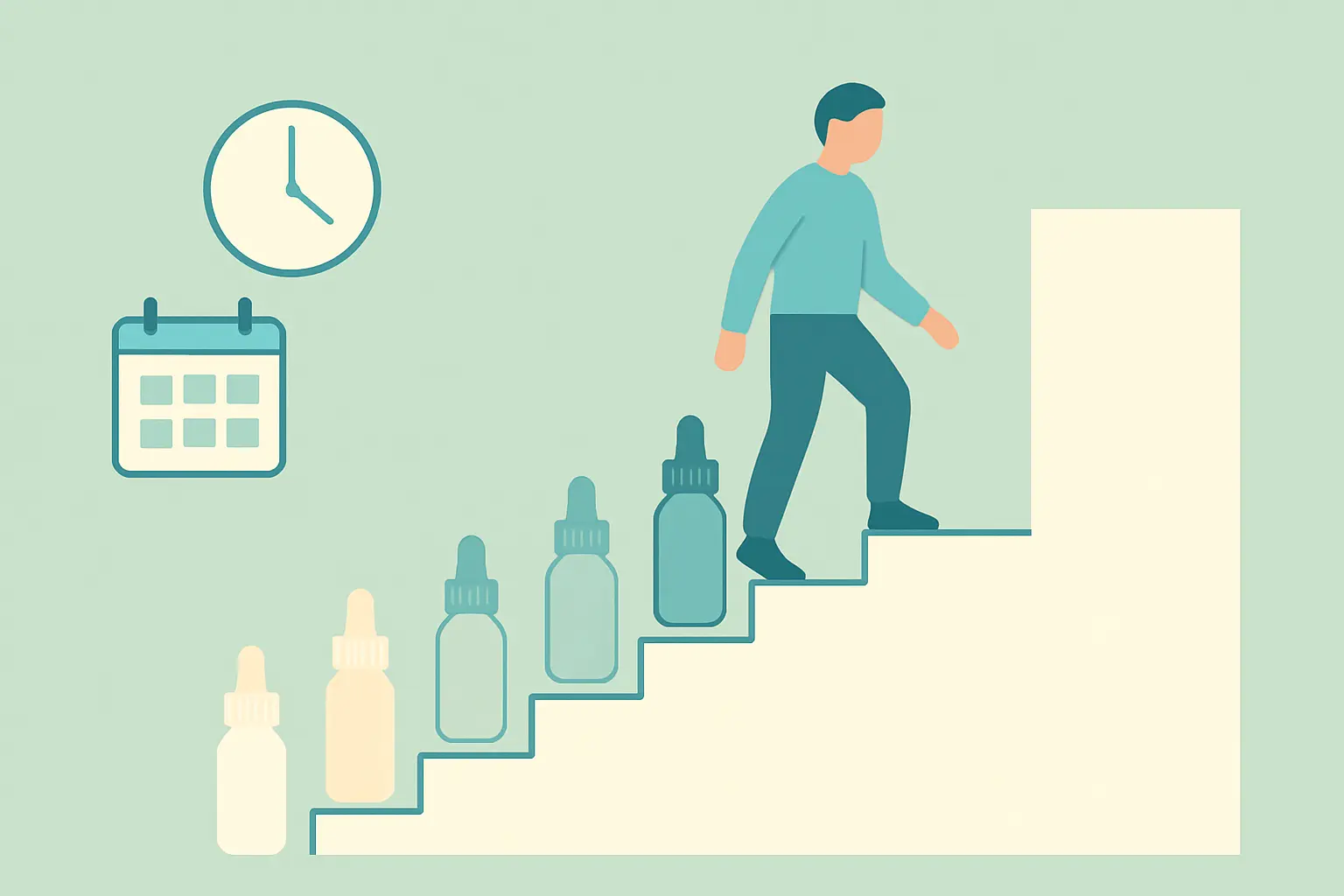 Illustration of a staircase of e-liquid bottles in decreasing strength leading to a doorway, representing a gradual nicotine step-down plan
