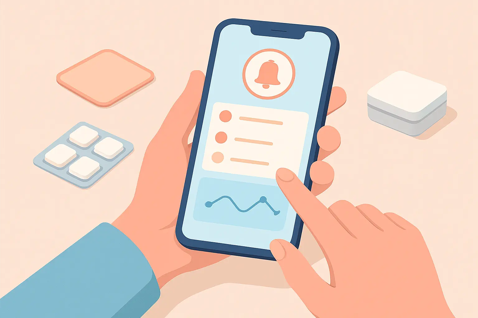 Illustration of a person using a smartphone app to track nicotine patch and gum doses during combination NRT
