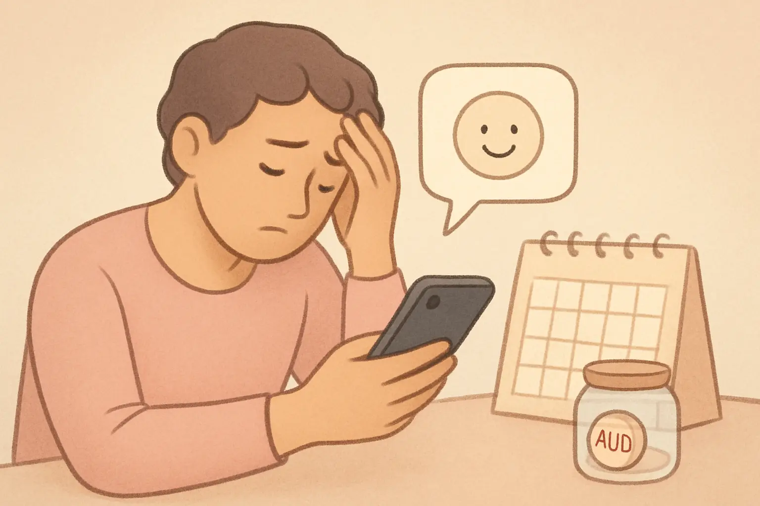 Illustration of a supportive app notification appearing during a craving moment with a savings jar nearby