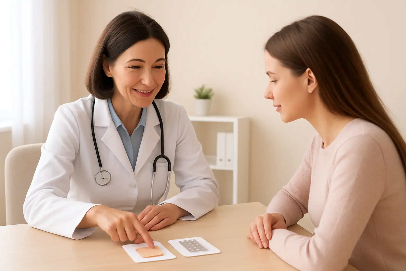 Woman and doctor comparing nicotine patches and stop smoking tablets to choose a treatment