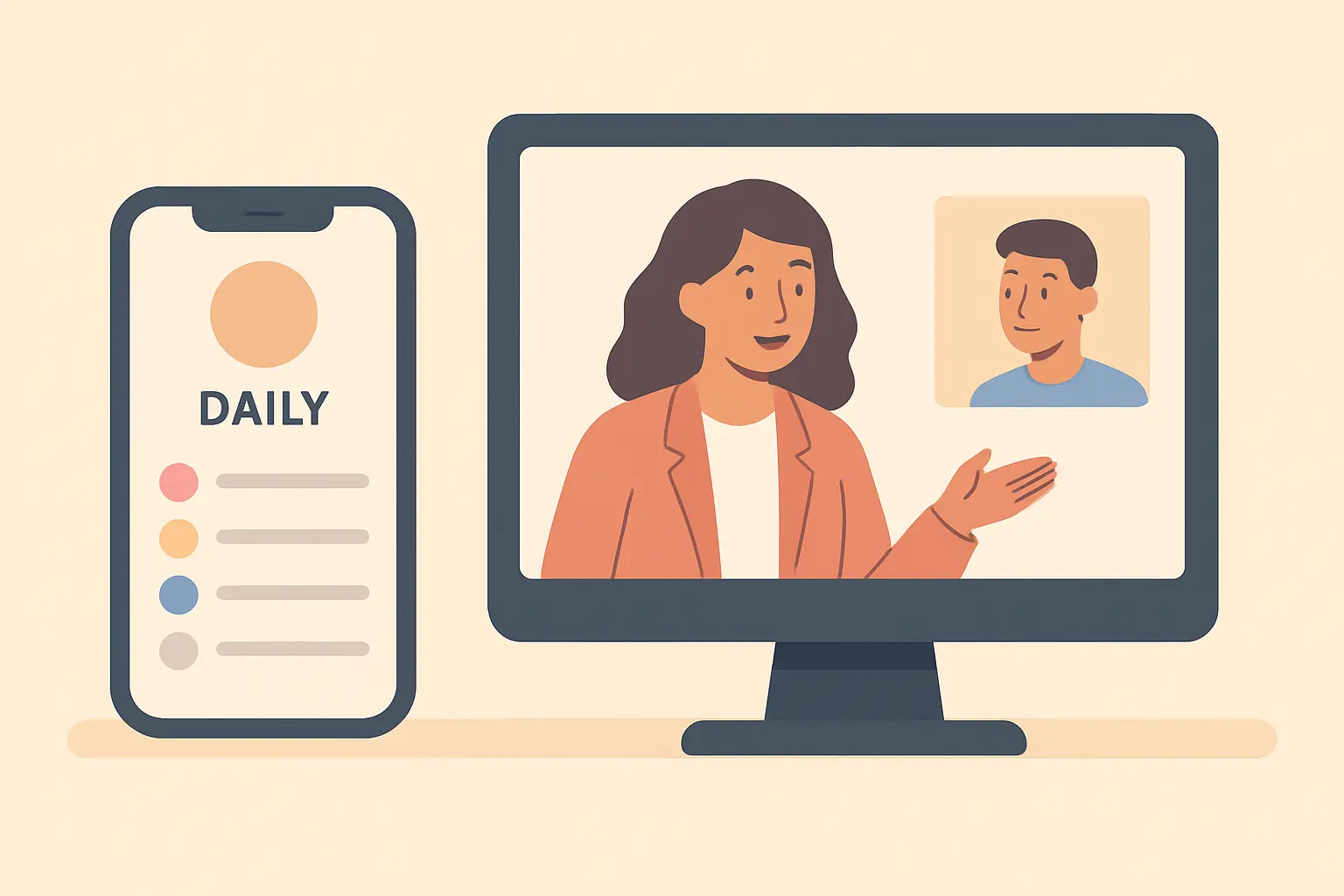Illustration of a phone with a daily craving tracker next to a desktop coaching video call, representing combining a personal app with a workplace cessation program