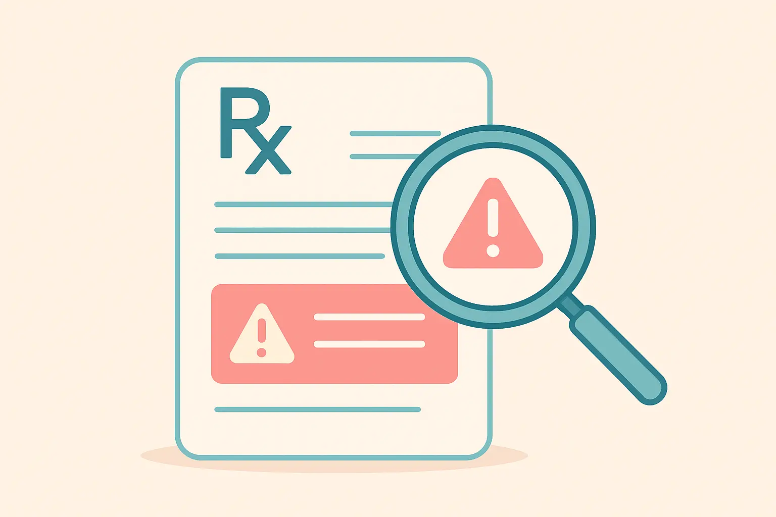 Illustration of a magnifying glass highlighting a warning section on a medication label, representing checking a drug interaction warning