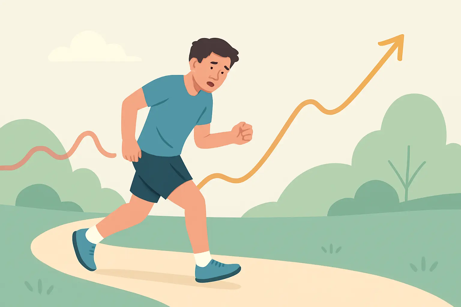 Illustration of a tired runner with a dipping perceived-effort line and a rising physiological recovery line behind them