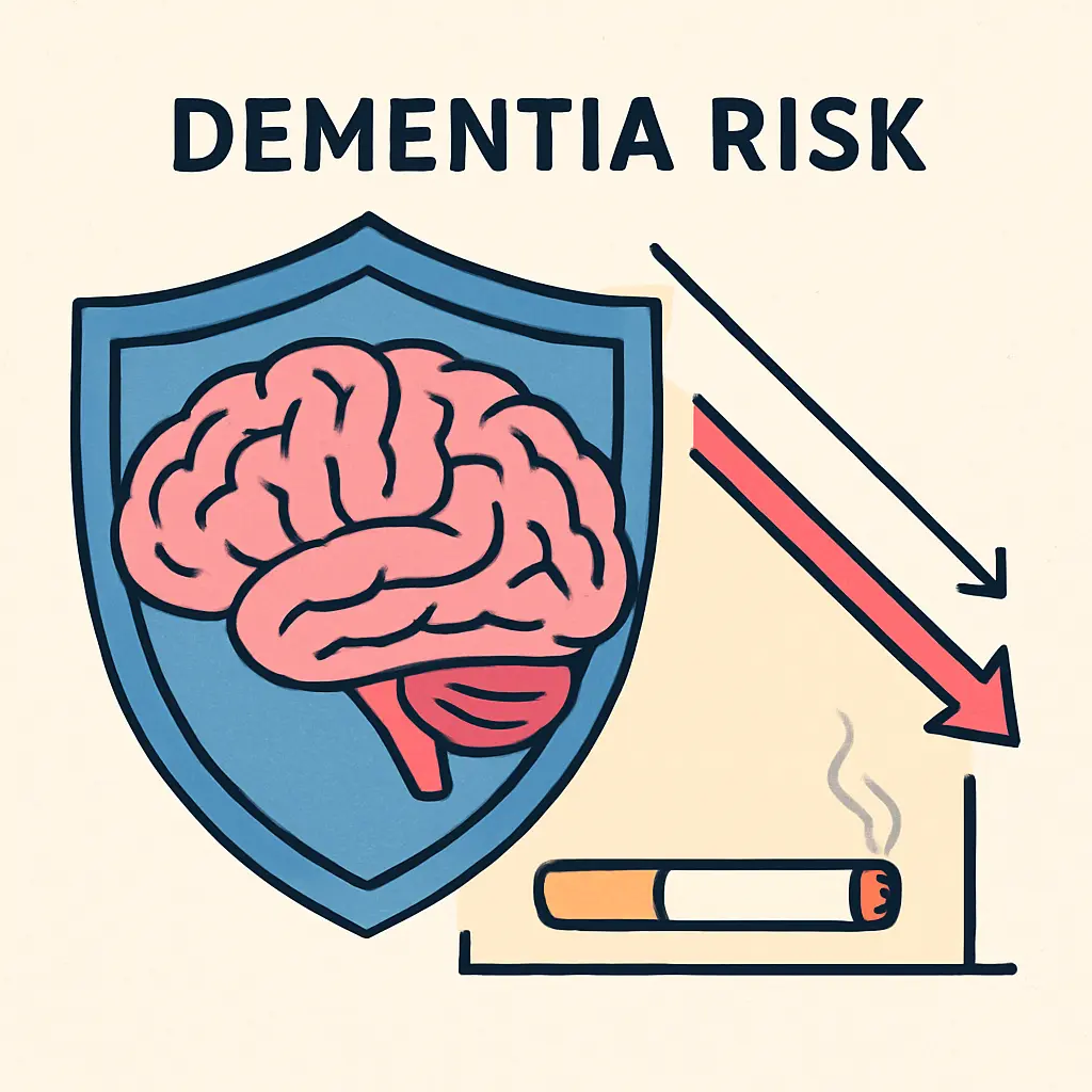 Flat vector illustration of a brain with a protective shield and a declining risk chart representing dementia risk after quitting smoking