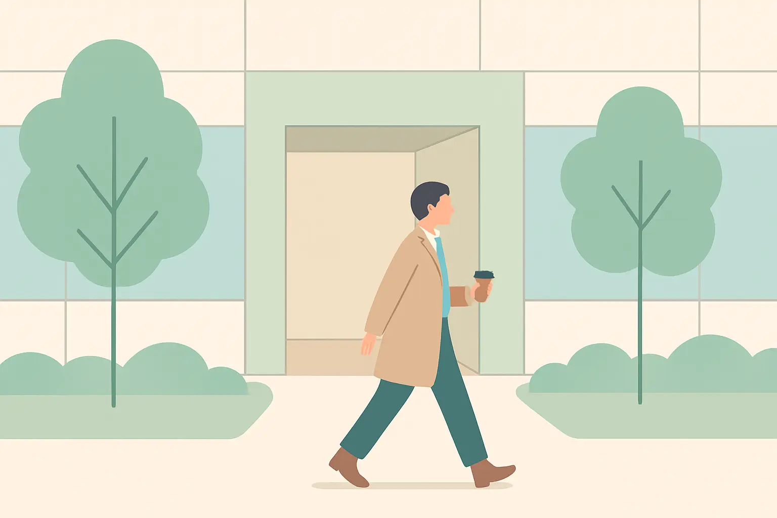 Illustration of an office worker walking a short outdoor loop with a drink instead of standing in the old smoking spot
