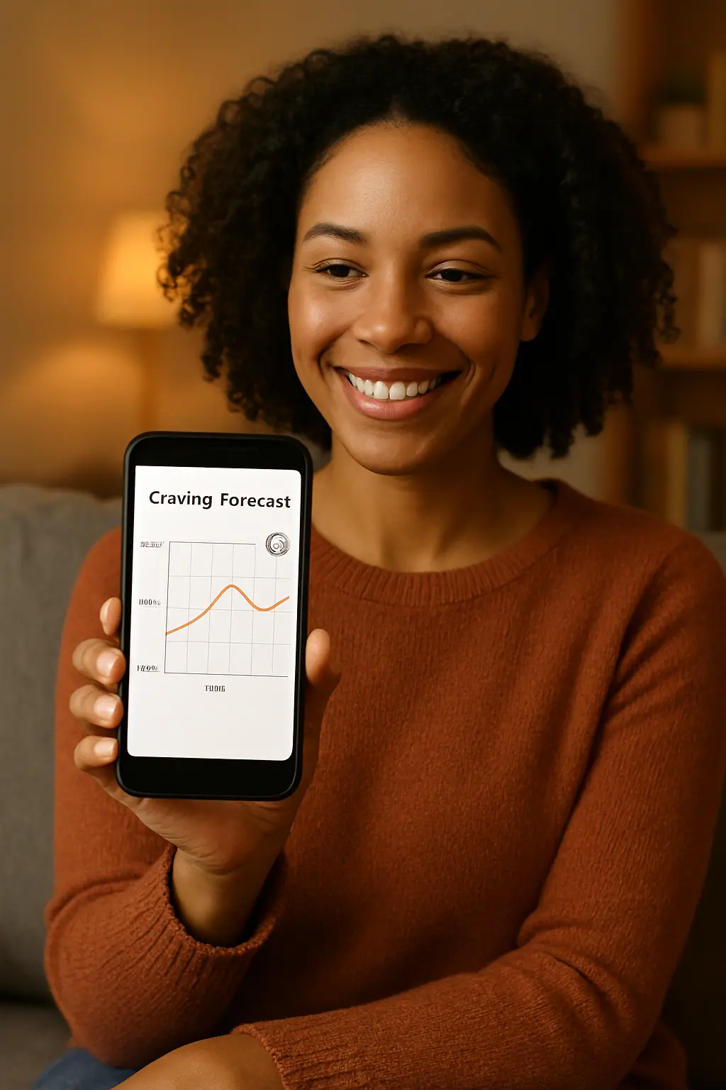 Person using a craving forecast app that learns personal patterns including cycle-linked timing