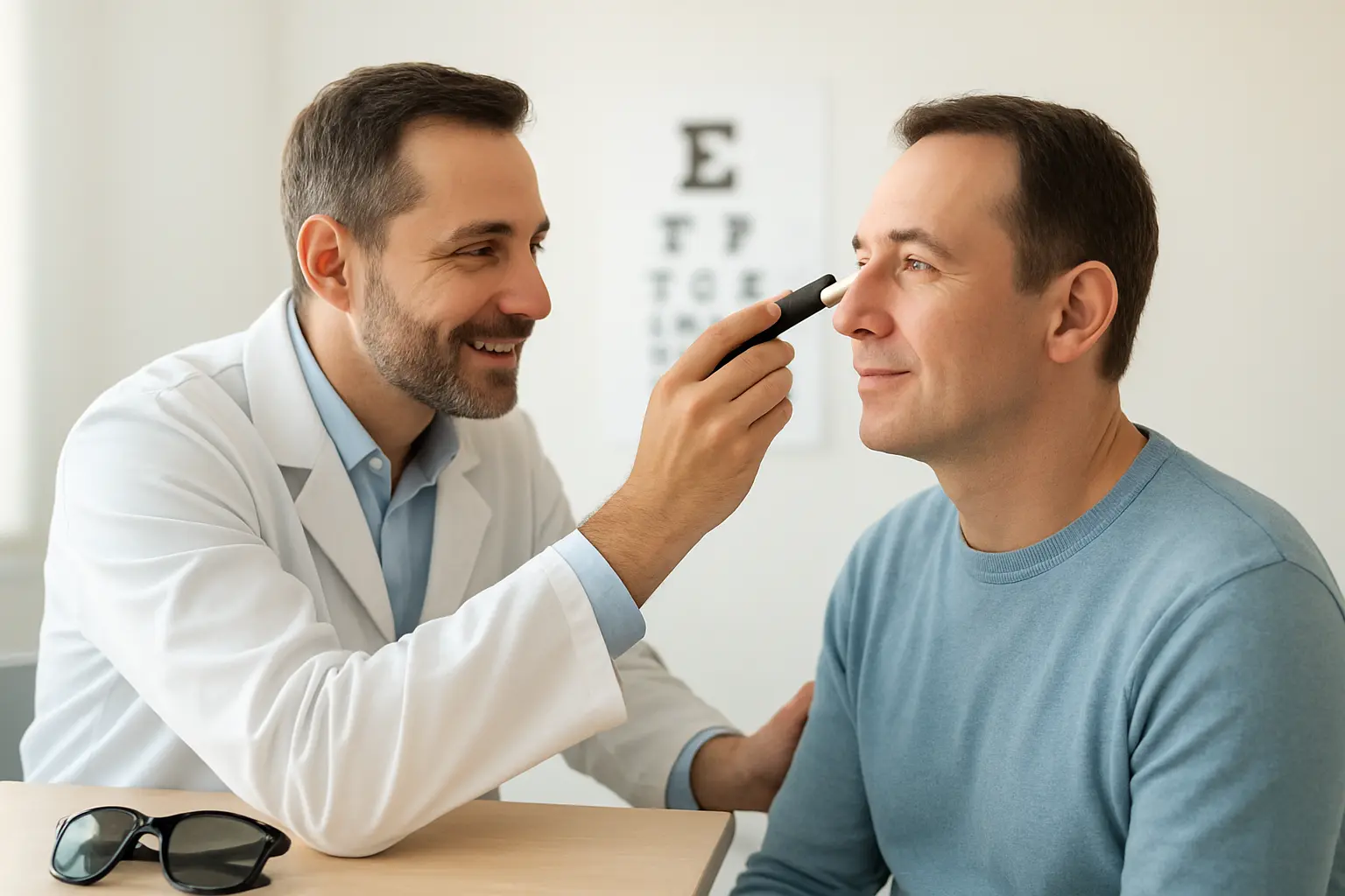 Illustration of an eye specialist checking a patient's eyes for thyroid eye disease, which is more common in people who smoke
