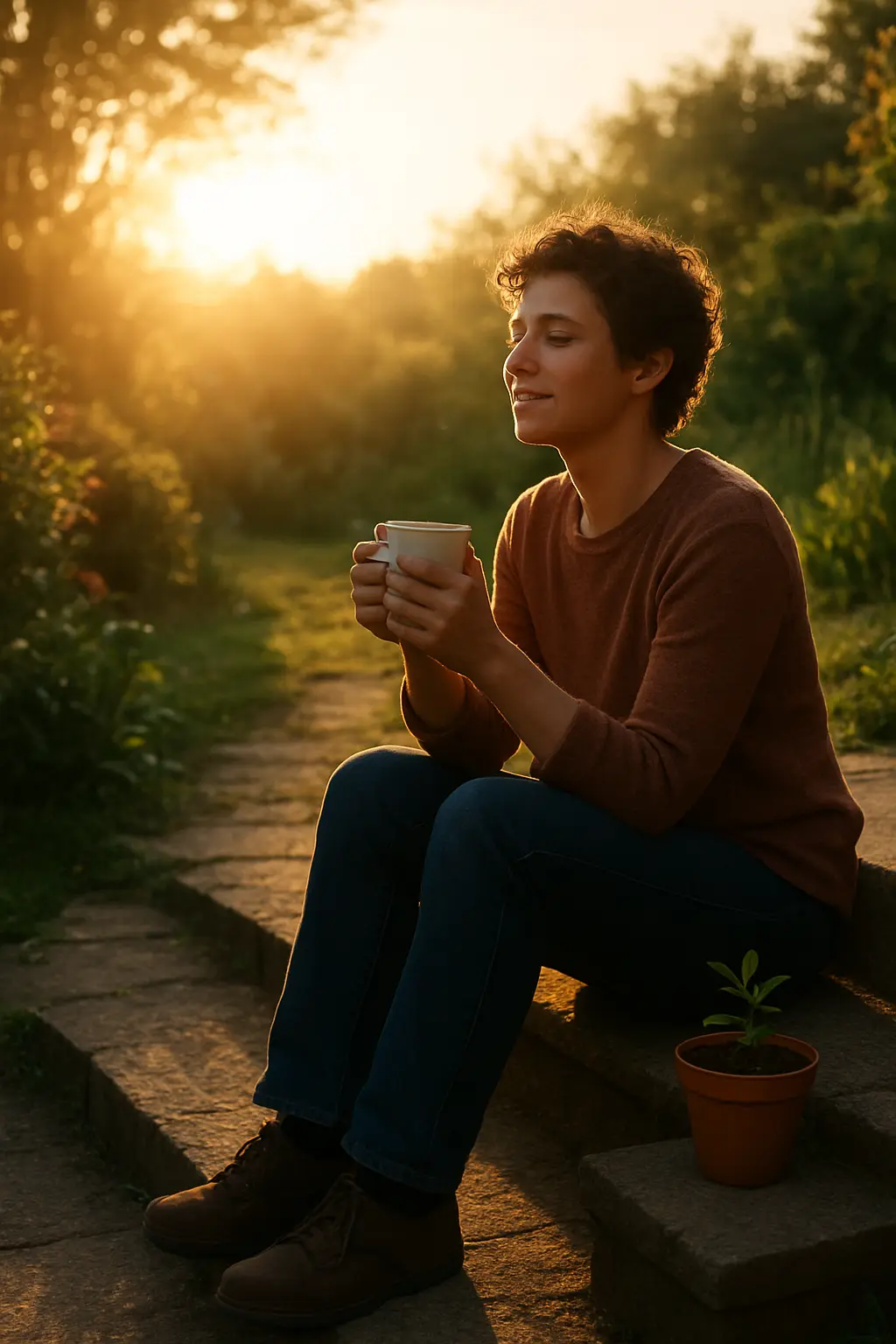 Illustration of a person on a garden step drinking morning coffee without a cigarette, showing a light smoker changing an anchor routine on quit day