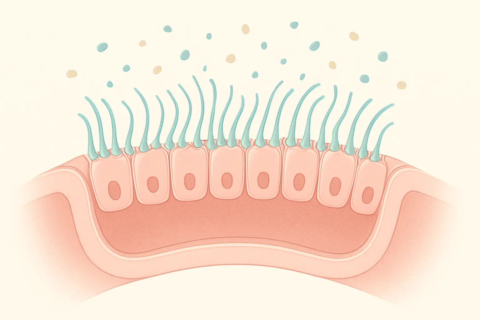 Illustration of cilia lining the airway sweeping mucus and debris upward as they recover after quitting smoking