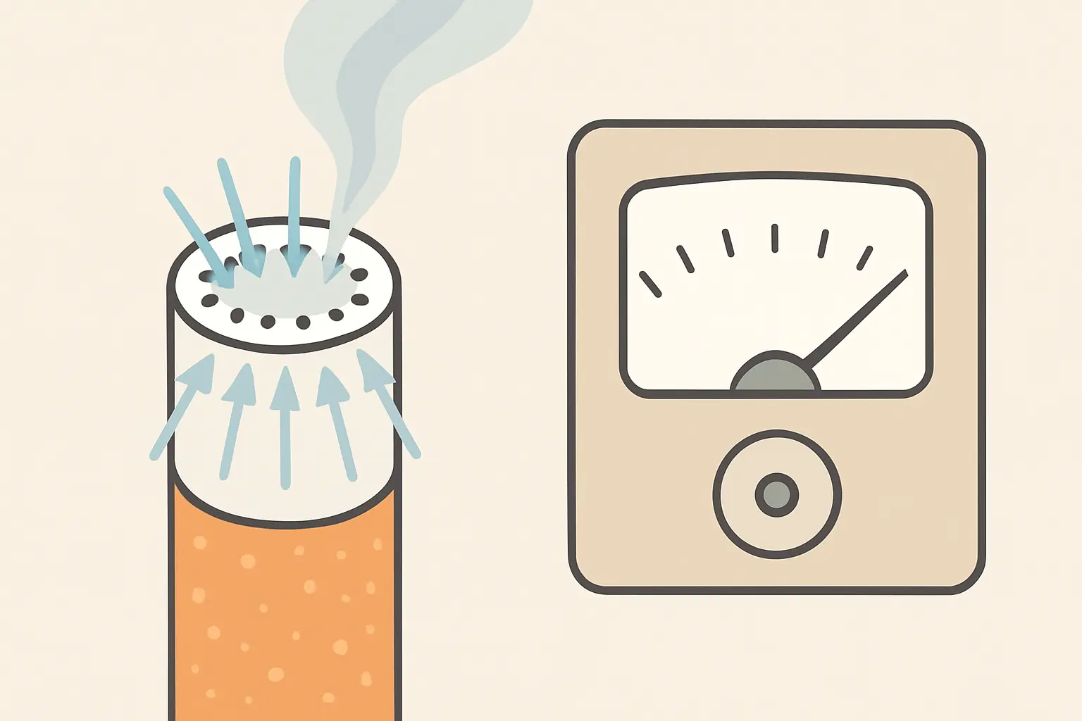 Illustration of a cigarette filter with a ring of ventilation holes letting in air that dilutes the smoke reaching a measuring machine