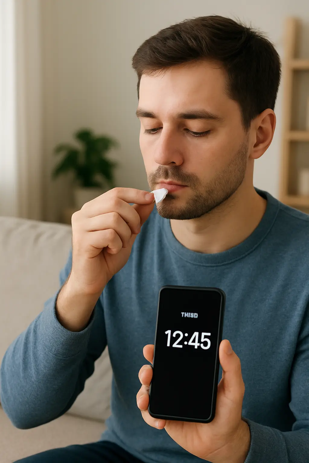 Person using a phone timer to extend the spacing between nicotine pouch uses during a taper plan