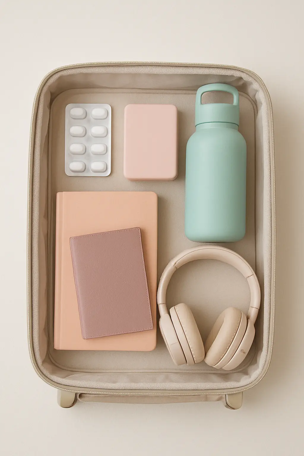 Carry-on bag packed with nicotine gum, lozenges, a water bottle, headphones and a book before a long flight