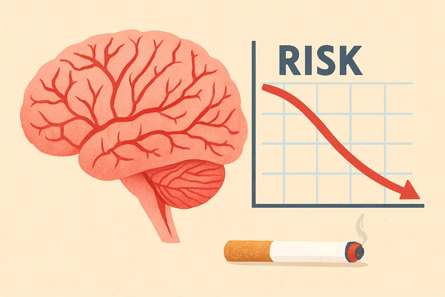 Flat vector illustration of a brain with blood vessels and a declining risk chart representing stroke risk after quitting smoking