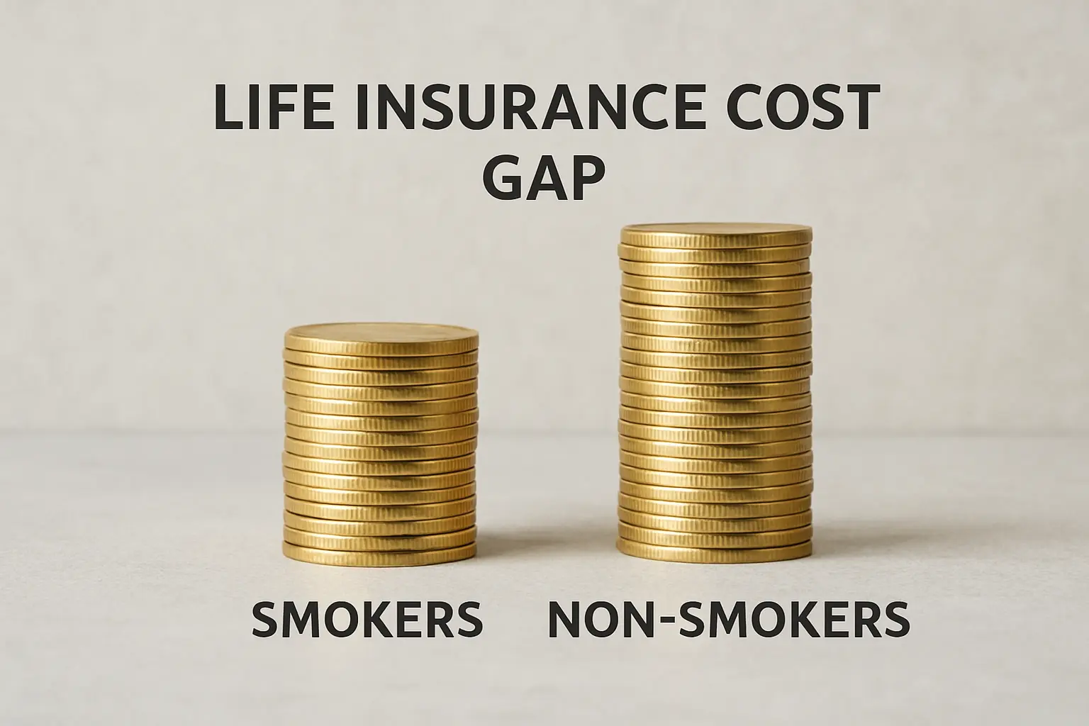 Flat vector illustration of two premium coin stacks of different heights representing the life insurance cost gap between smokers and non-smokers