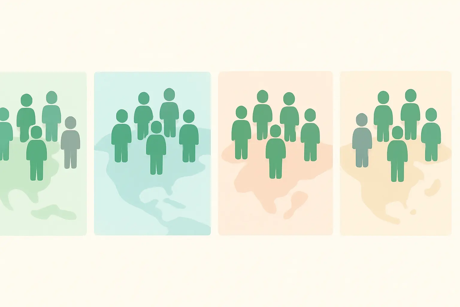 Flat pastel illustration of four groups of people standing on map tiles, each group larger in green former-smoker figures than gray current-smoker figures, representing ex-smokers outnumbering smokers across countries