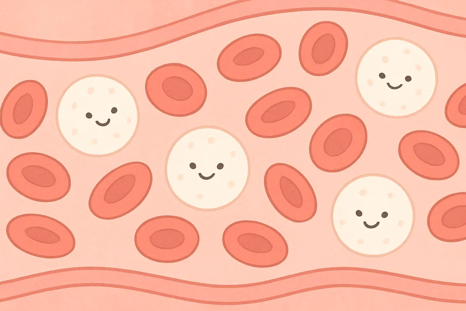 Diagram of white blood cells among red blood cells in a blood vessel