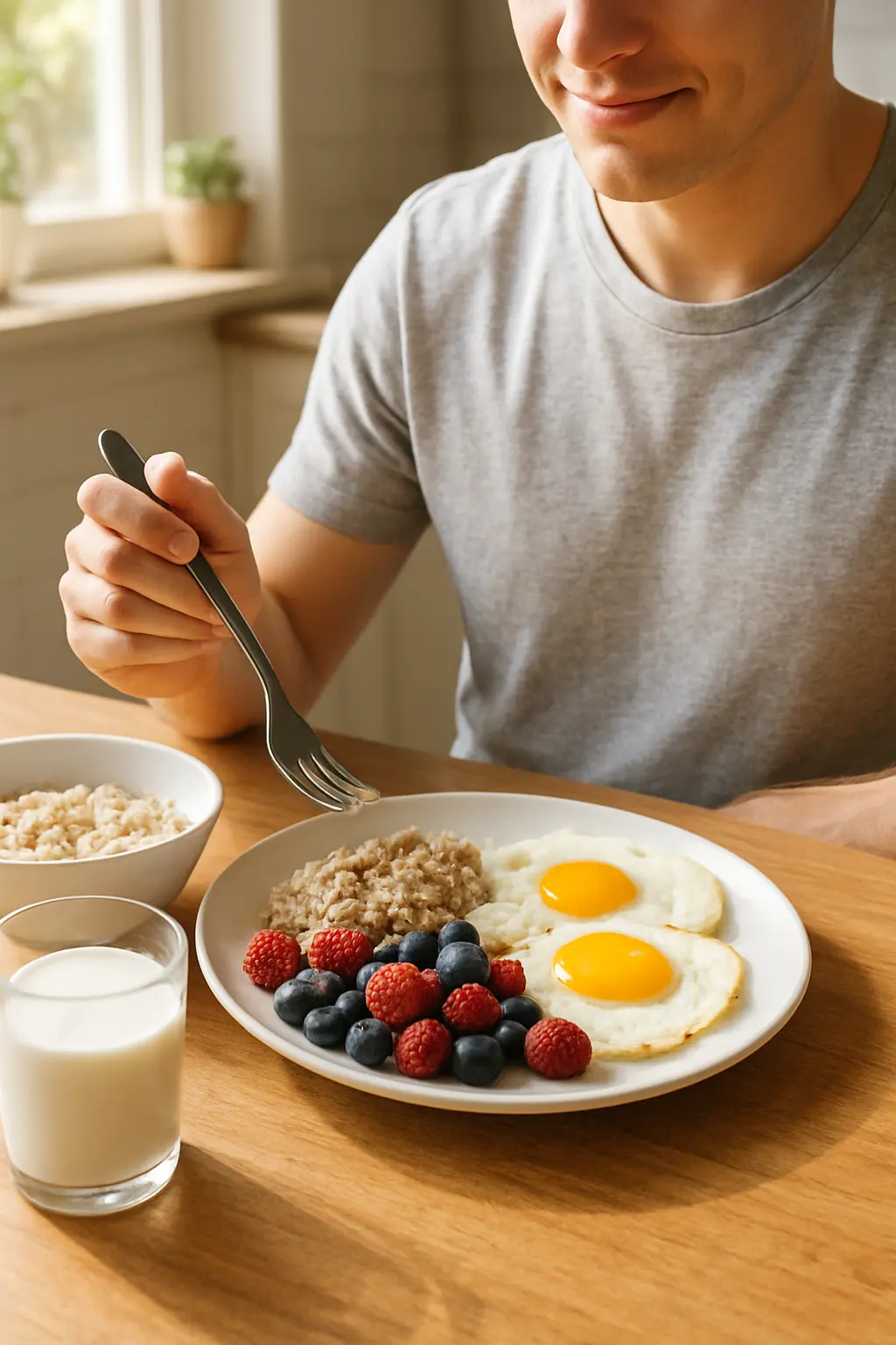 Person eating a protein and whole grain breakfast to keep blood sugar stable while quitting smoking