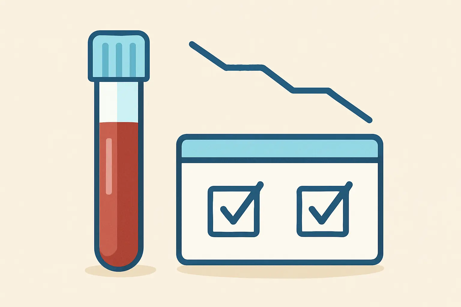 Illustration of a blood sample tube beside a calendar with two checkpoints and a stepped descending line, representing repeat drug level monitoring after quitting smoking