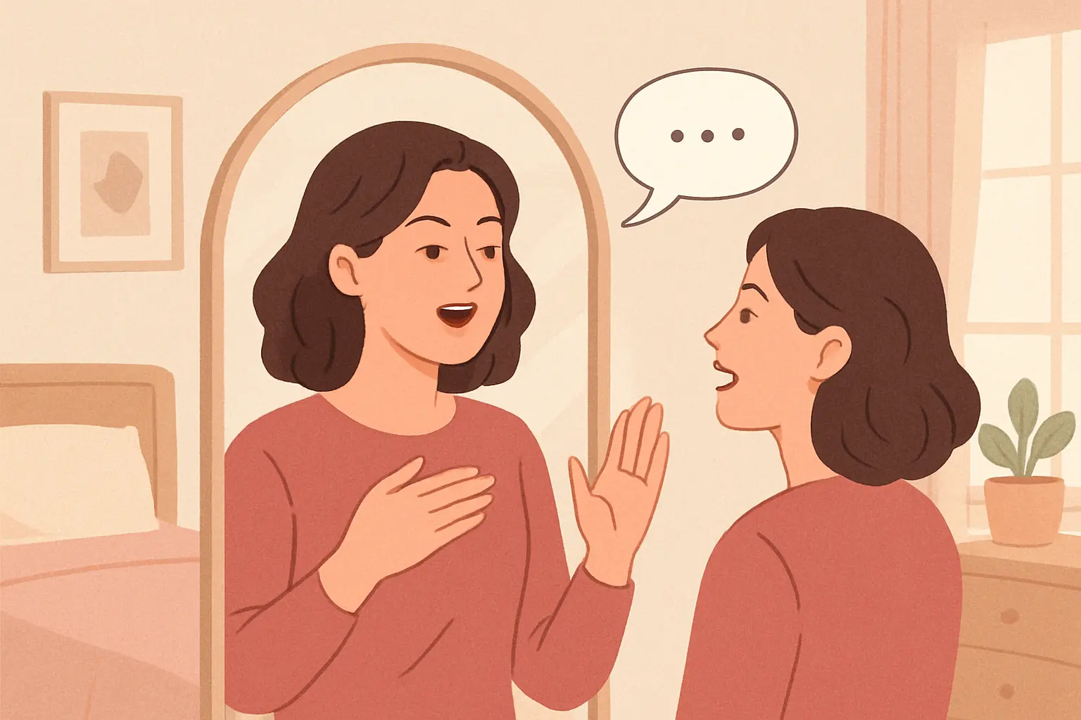 Person practicing what to say in front of a mirror at home before a social event