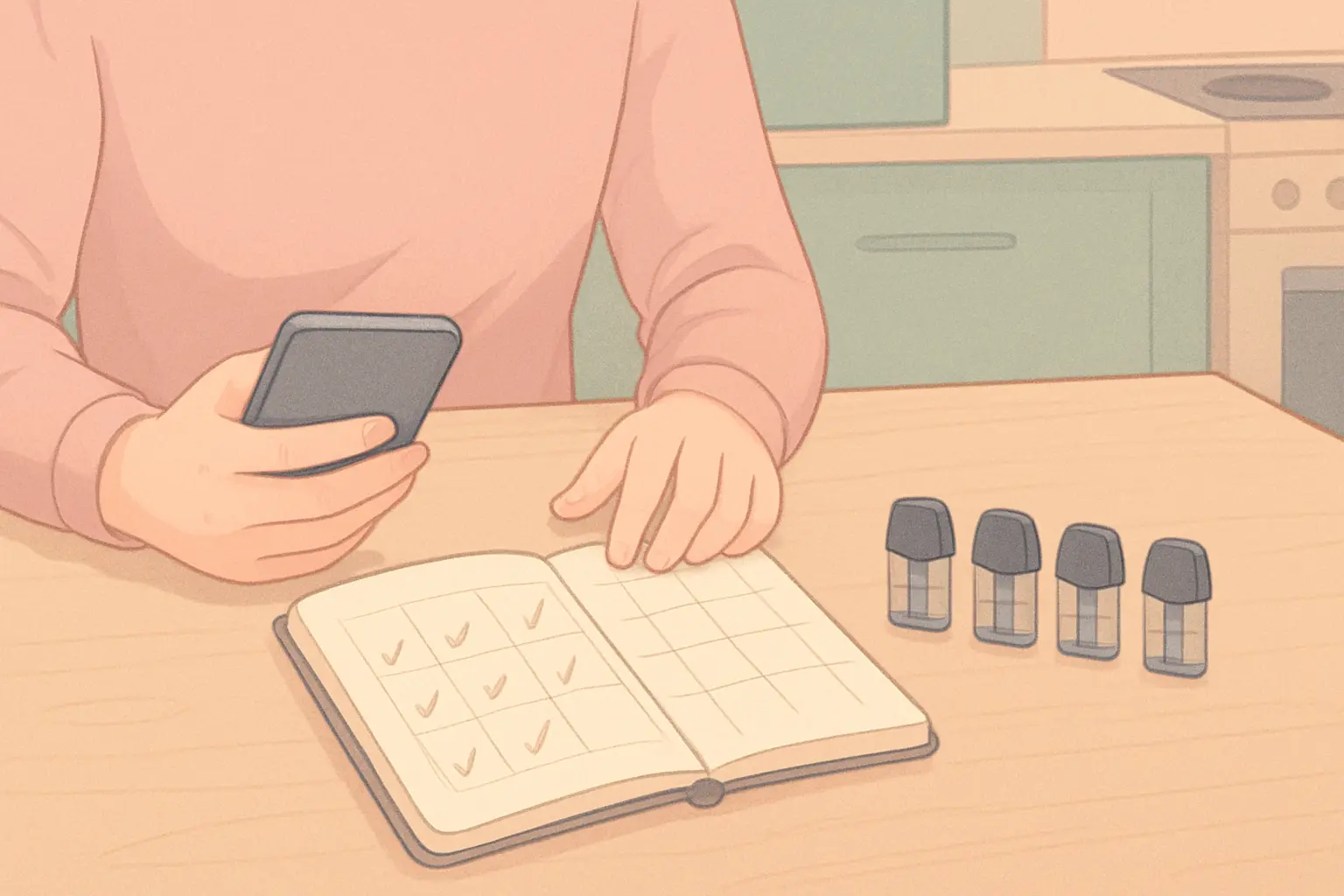 Person counting empty vape pods and tracking weekly use in a notebook to plan cutting down