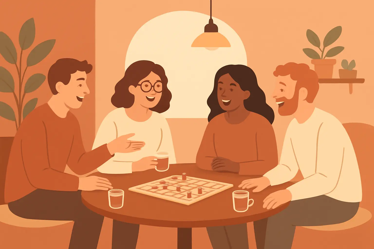 Illustration of friends talking around a cafe table with tea and a board game and an empty space where a waterpipe used to stand
