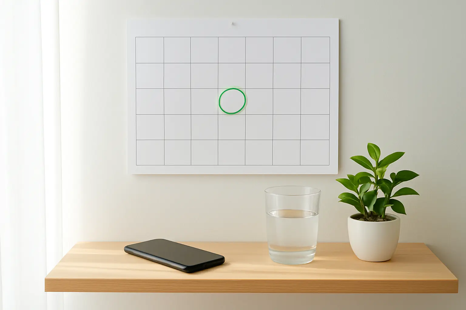 Illustration of a wall calendar with one date circled in green and a phone nearby, representing setting a quit smoking date after a high readiness score