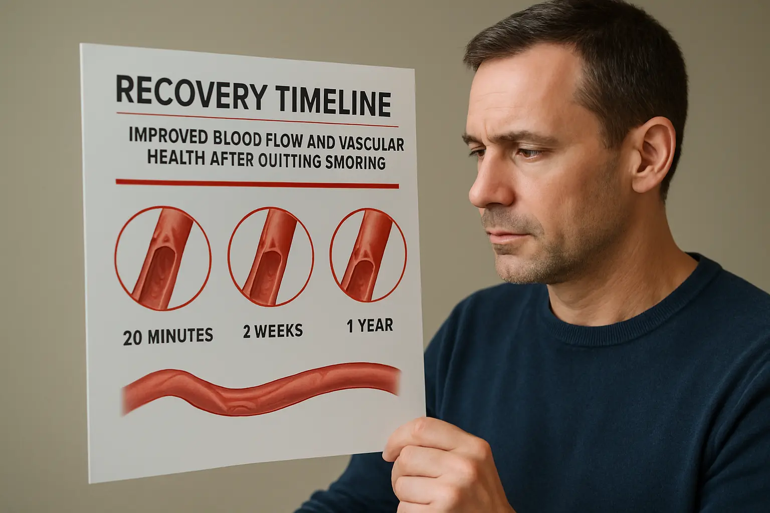 Man reviewing a recovery timeline showing improved blood flow after quitting smoking