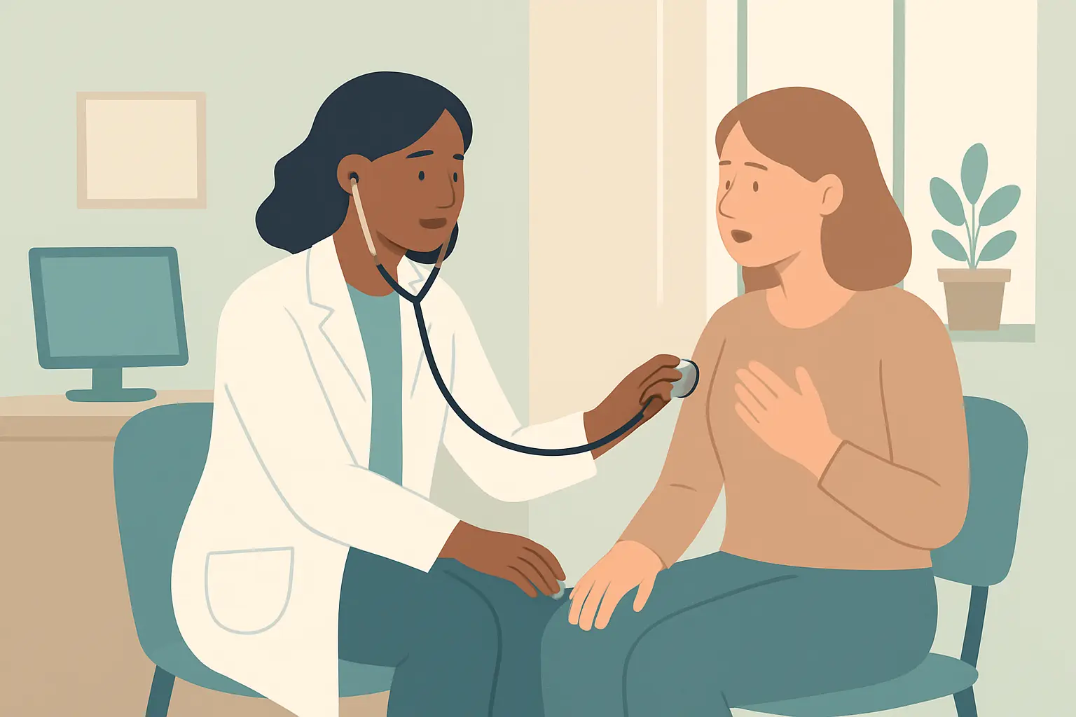 Illustration of a patient talking to a doctor about a persistent cough and stopping smoking during a chest infection