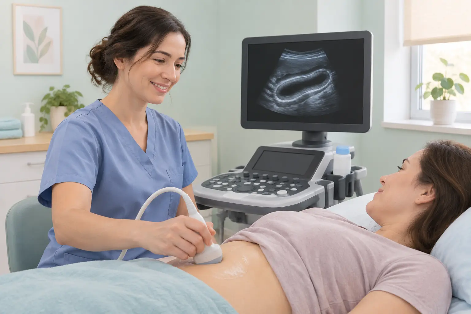 Illustration of an ultrasound probe on a patient's abdomen with a simple aorta outline on the screen
