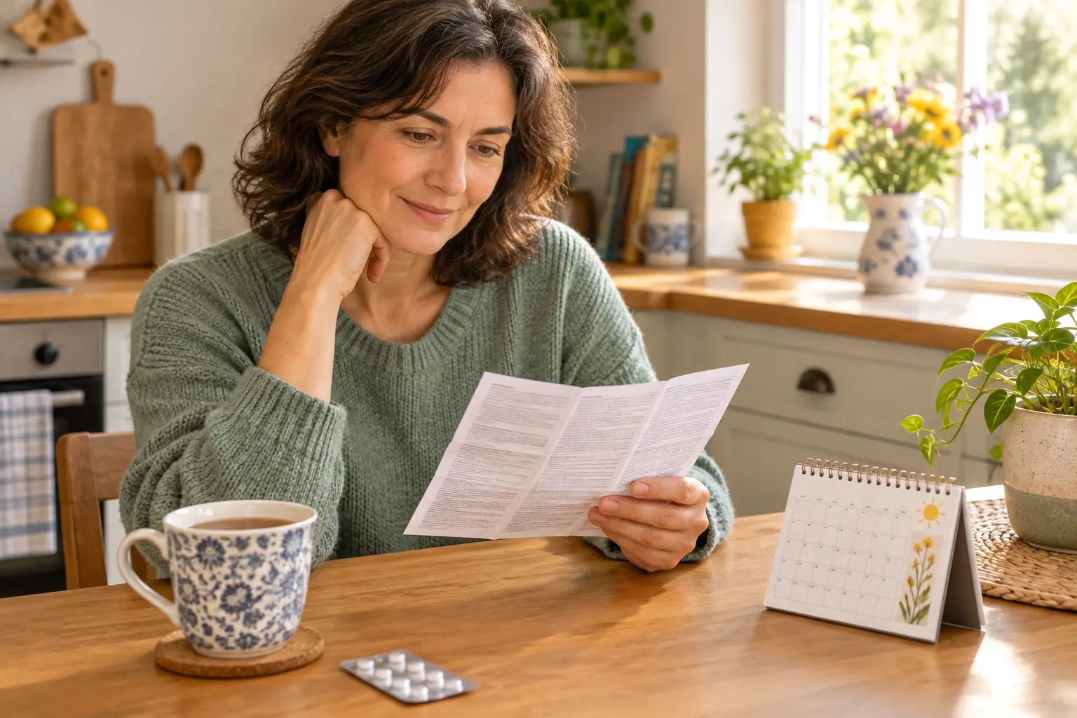 Illustration of a person at a kitchen table reading a medication leaflet beside a calendar before their quit date