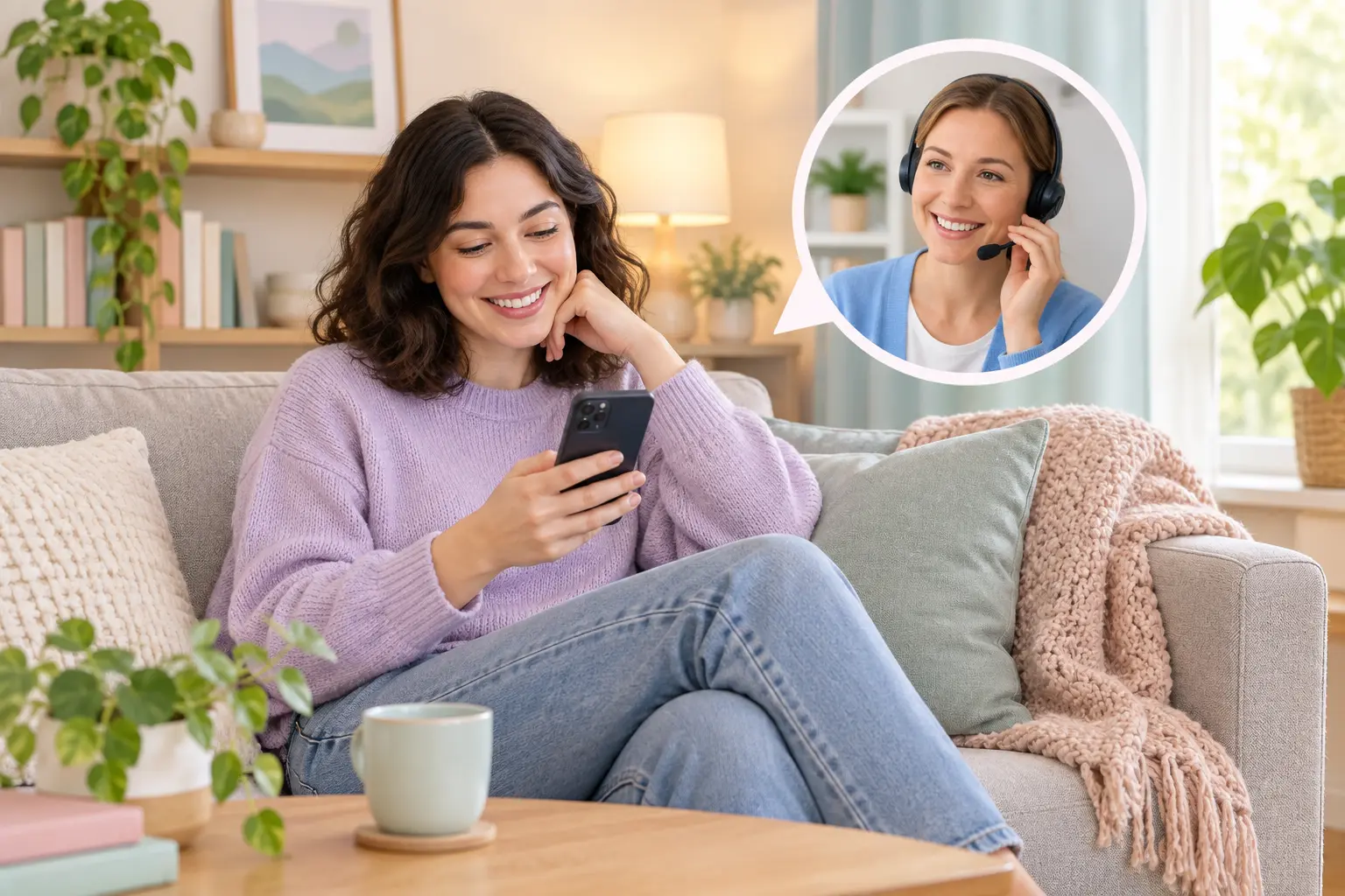 Person on a sofa speaking with a stop smoking adviser by phone