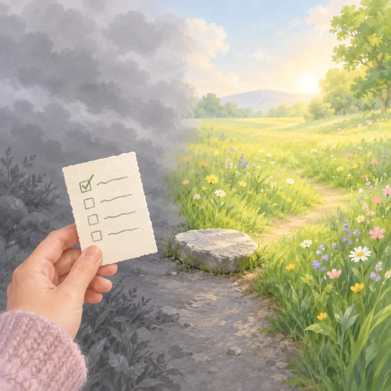 Illustration of a single stepping stone leading from a cloudy path to a green meadow beside a hand holding a one-item checklist
