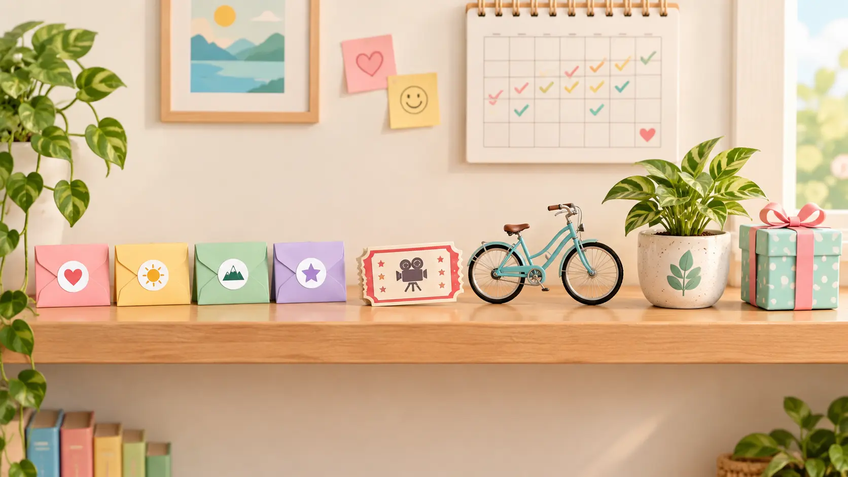 Illustration of milestone reward items such as a ticket, bicycle, plant and gift next to a calendar