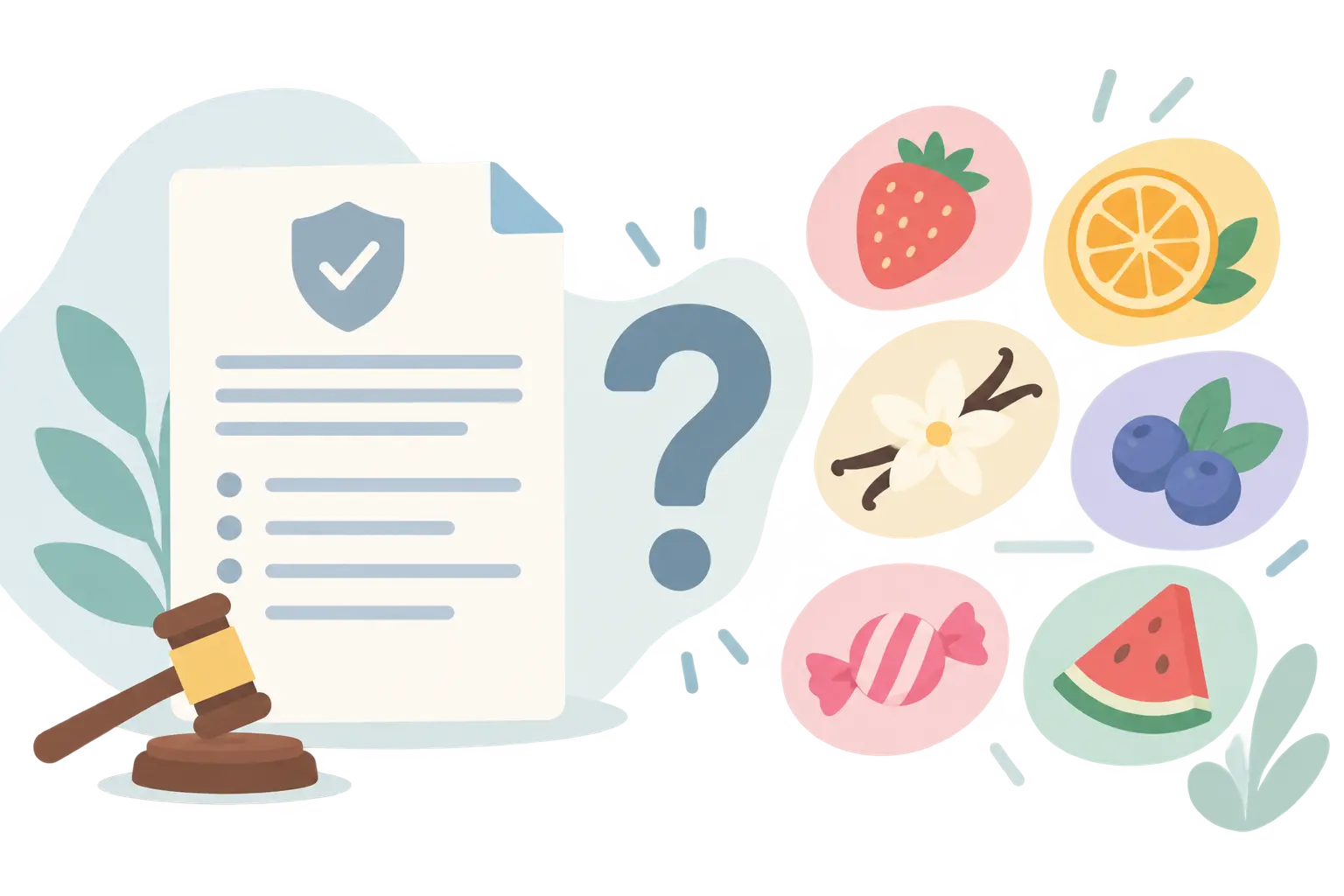 Illustration of a regulatory document with a question mark beside colorful flavor icons representing flavored cigar rules