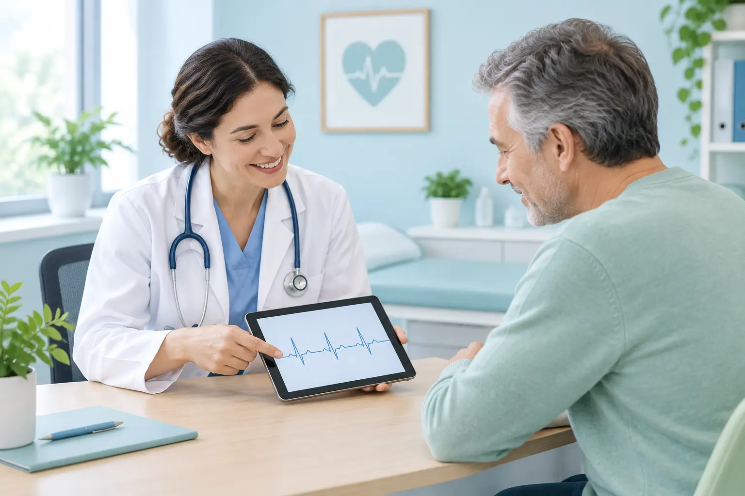 Illustration of a doctor and patient discussing heart tests during a clinic check-up