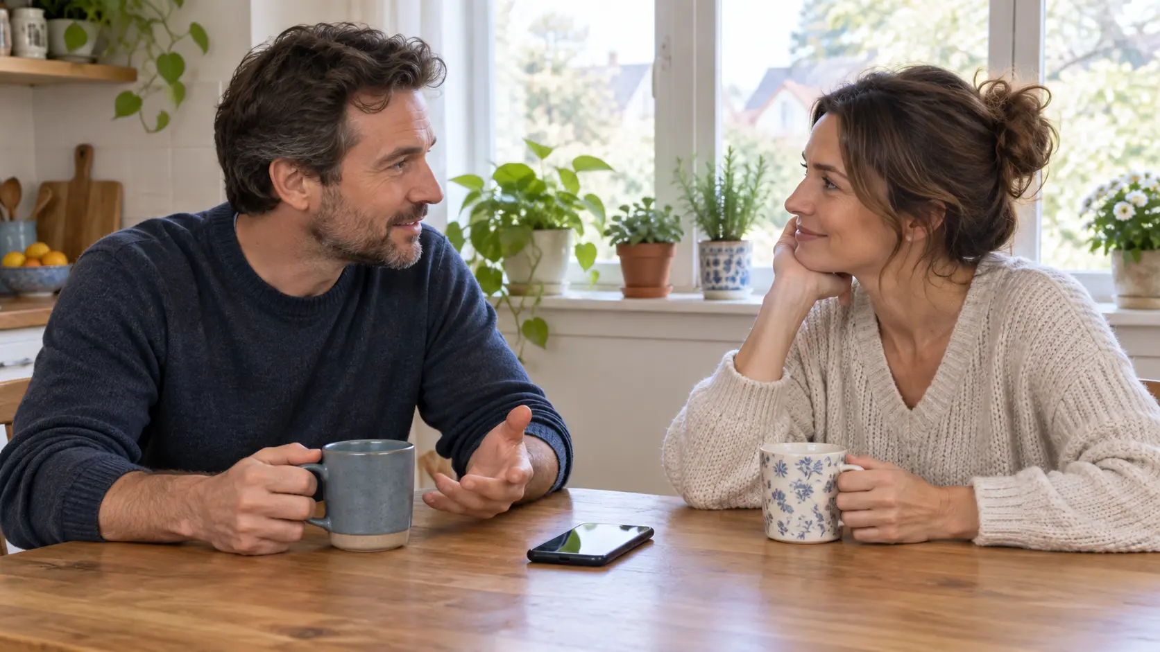Husband and wife talking calmly at a kitchen table about quitting smoking