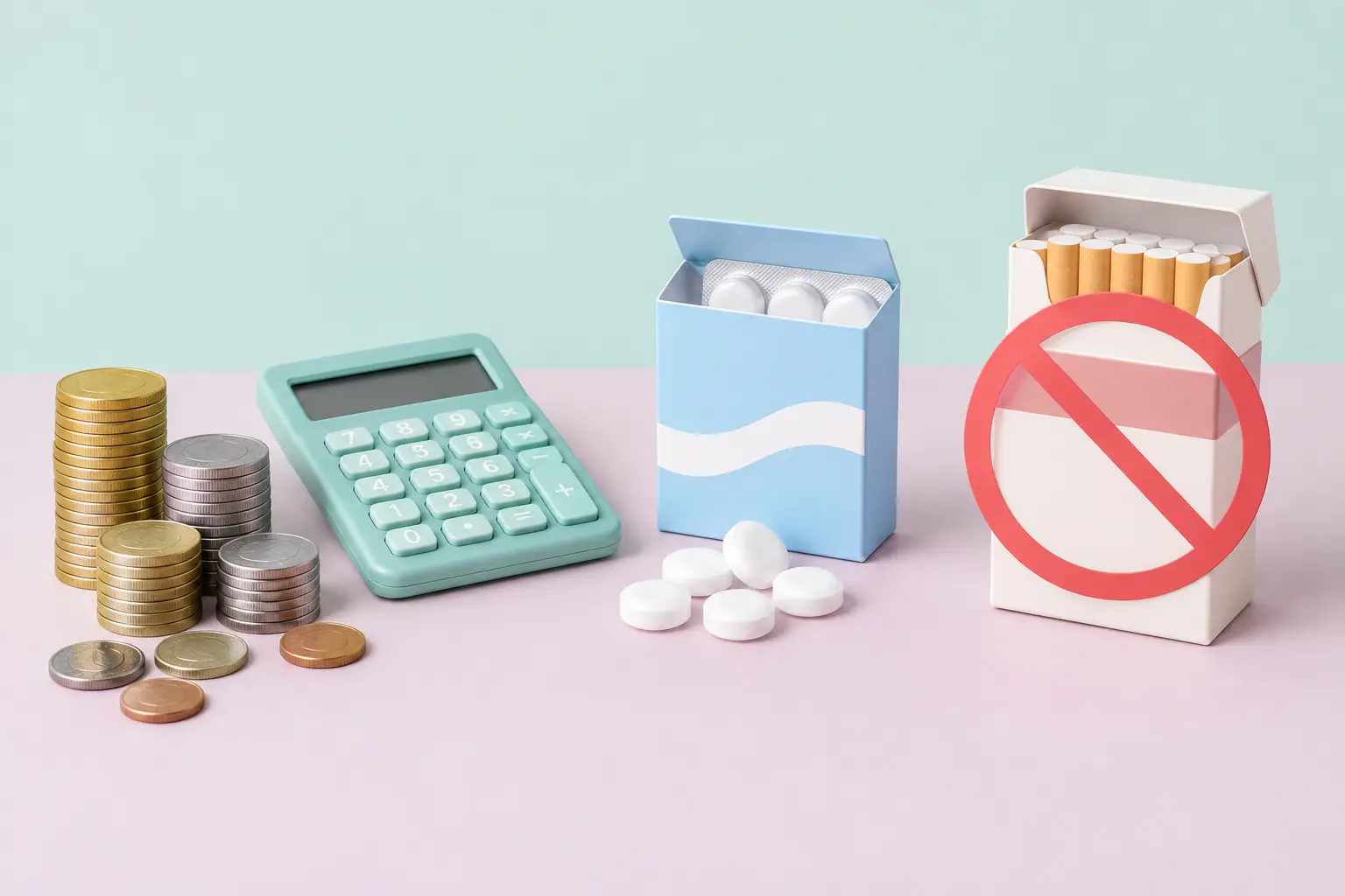 Illustration of coins and a calculator beside a pack of lozenges to compare cost per piece